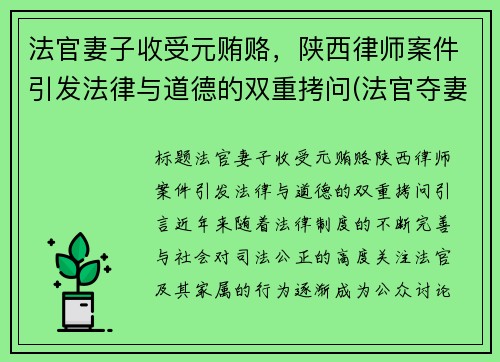 法官妻子收受元贿赂，陕西律师案件引发法律与道德的双重拷问(法官夺妻案)