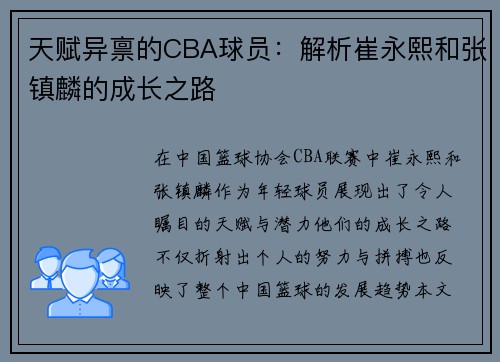 天赋异禀的CBA球员：解析崔永熙和张镇麟的成长之路