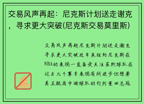 交易风声再起：尼克斯计划送走谢克，寻求更大突破(尼克斯交易莫里斯)